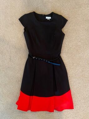 Calvin Klein Black/Red Colorblock Belted A-Line Dress Knee Length Size 6